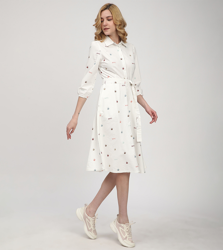 Monogram Patterned Belted Shirt Dress