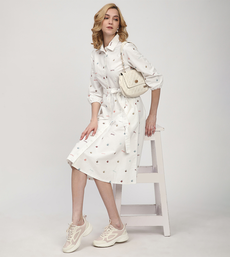 Monogram Patterned Belted Shirt Dress