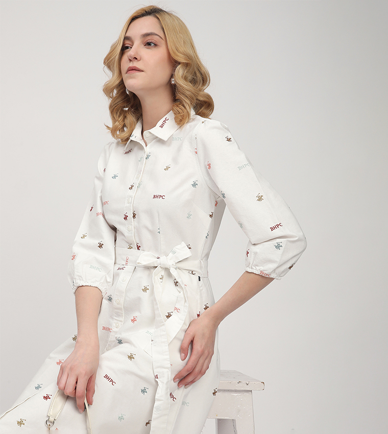 Monogram Patterned Belted Shirt Dress