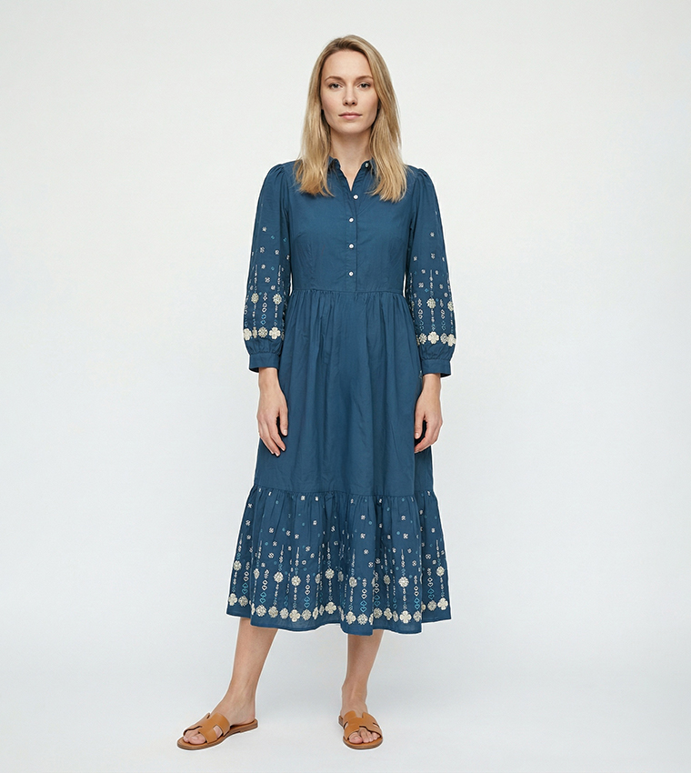 Embroidered Balloon Sleeves Midi Dress