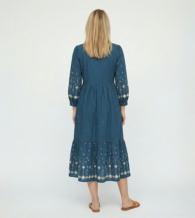 Embroidered Balloon Sleeves Midi Dress