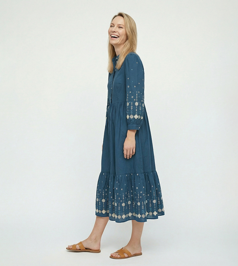 Embroidered Balloon Sleeves Midi Dress