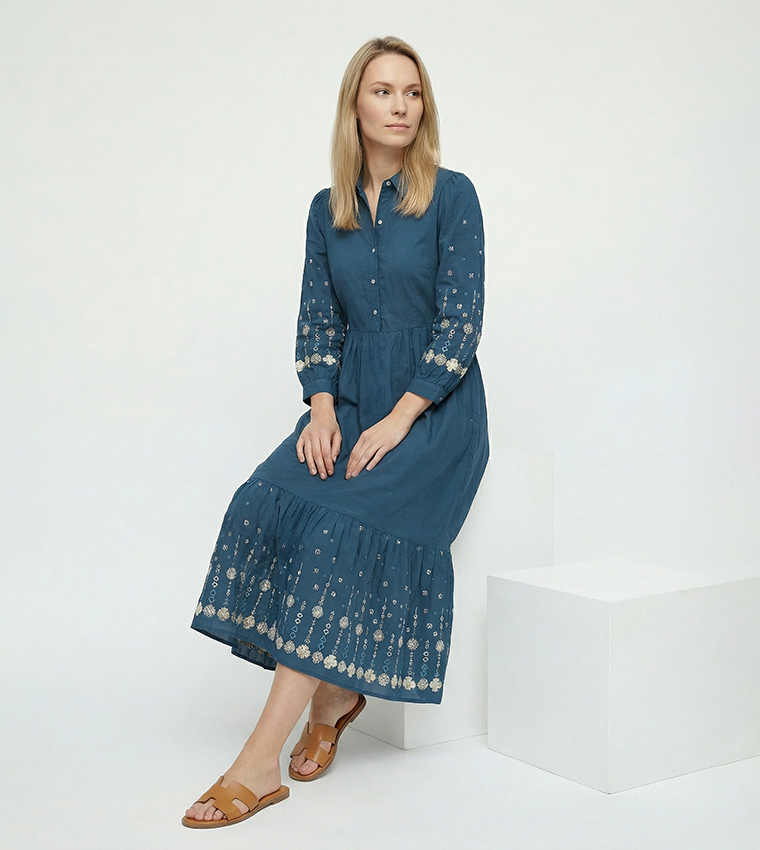 Embroidered Balloon Sleeves Midi Dress