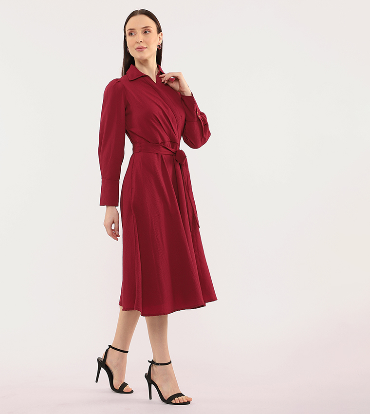 Belted Long Sleeves Wrap Shirt Dress