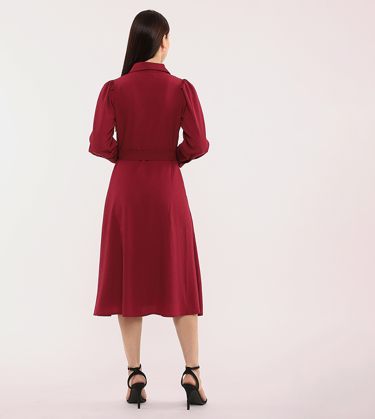 Belted Long Sleeves Wrap Shirt Dress