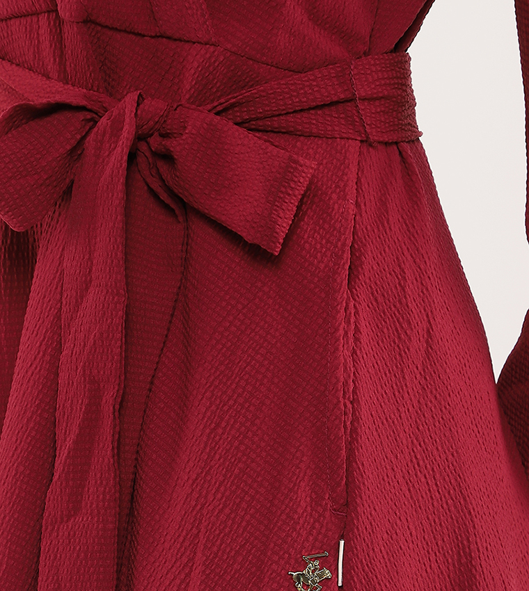 Belted Long Sleeves Wrap Shirt Dress