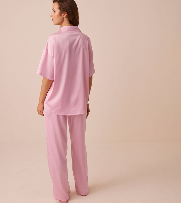 Solid Short Sleeves Satin Pajama Set