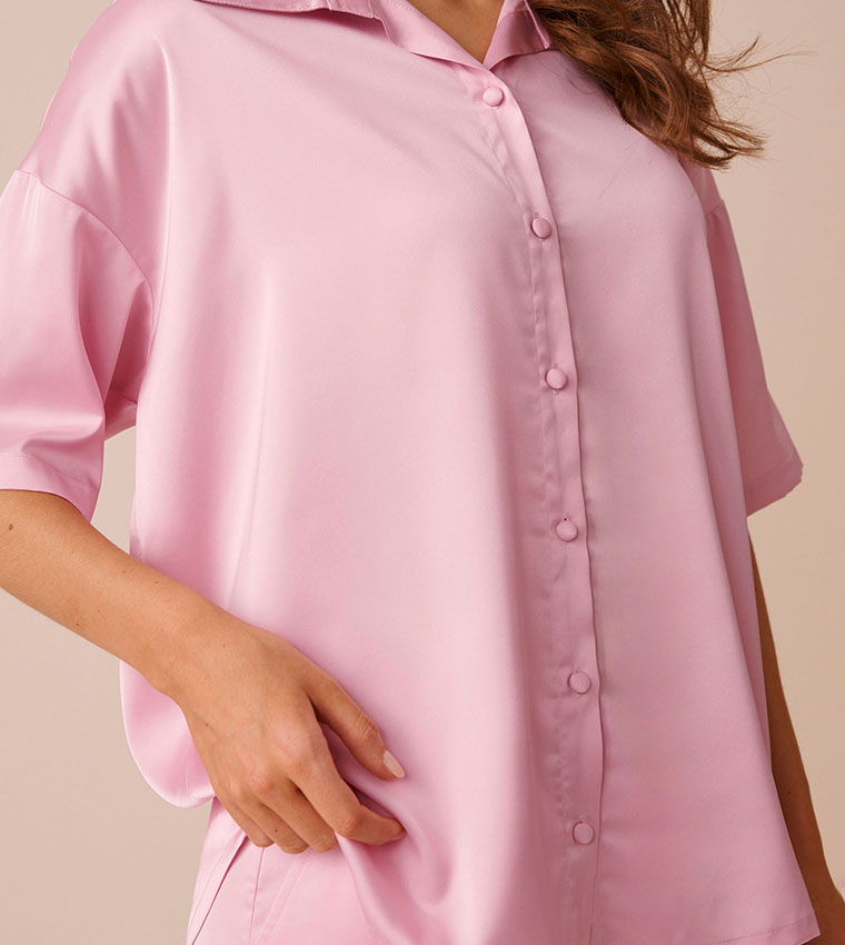 Solid Short Sleeves Satin Pajama Set