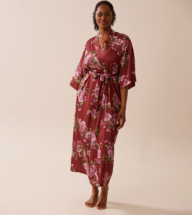 Rose Print Satin Long Sleep Robe