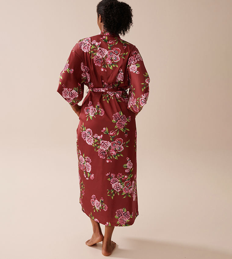 Rose Print Satin Long Sleep Robe