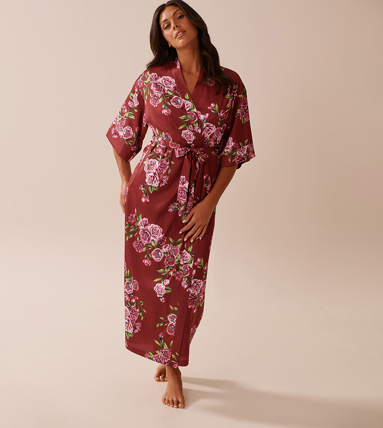 Rose Print Satin Long Sleep Robe