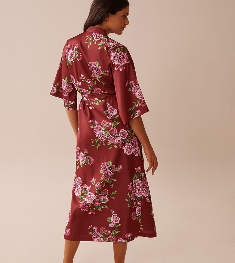 Rose Print Satin Long Sleep Robe