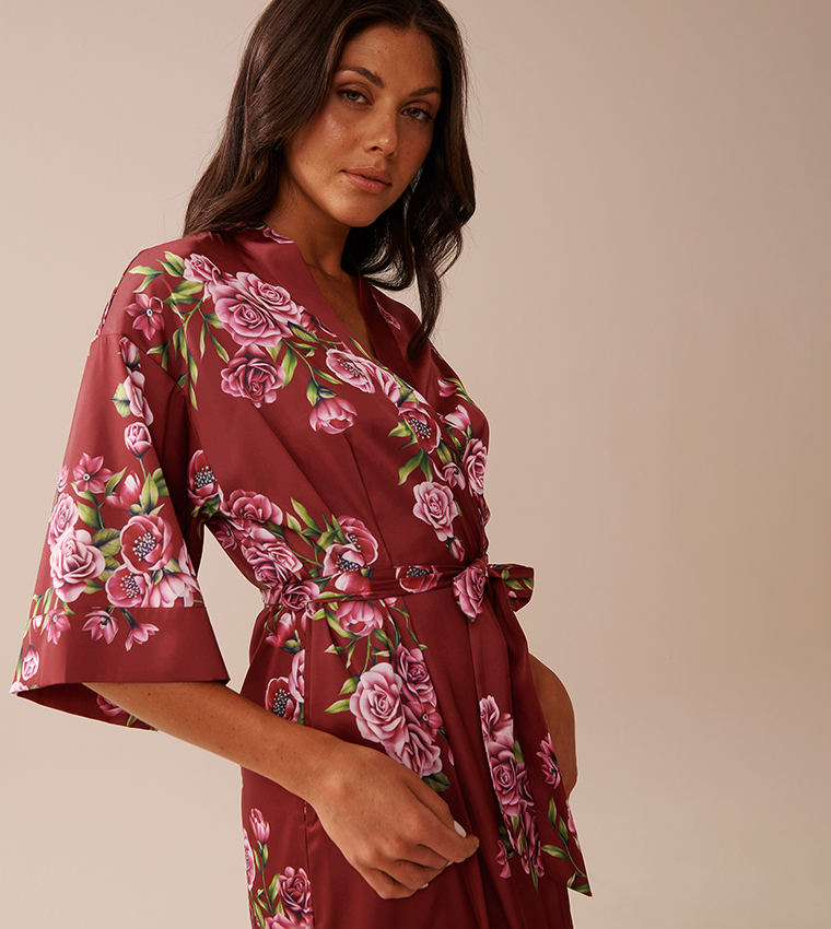 Rose Print Satin Long Sleep Robe