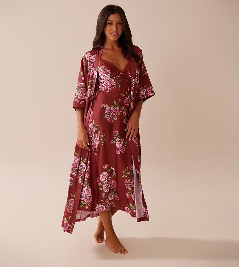 Rose Print Satin Long Sleep Robe