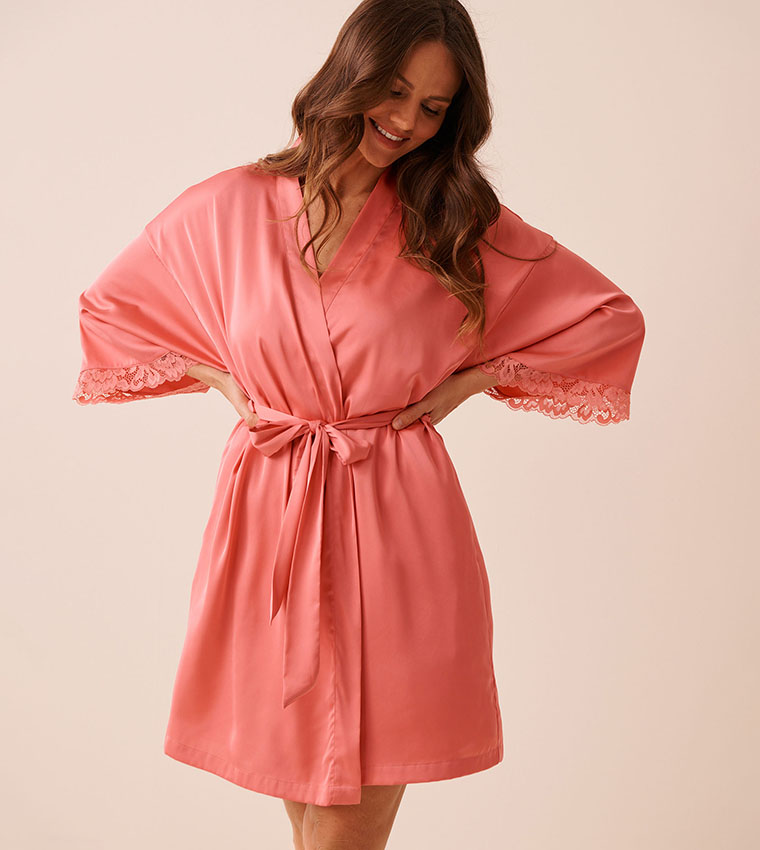 Lace Trim Satin Sleep Kimono