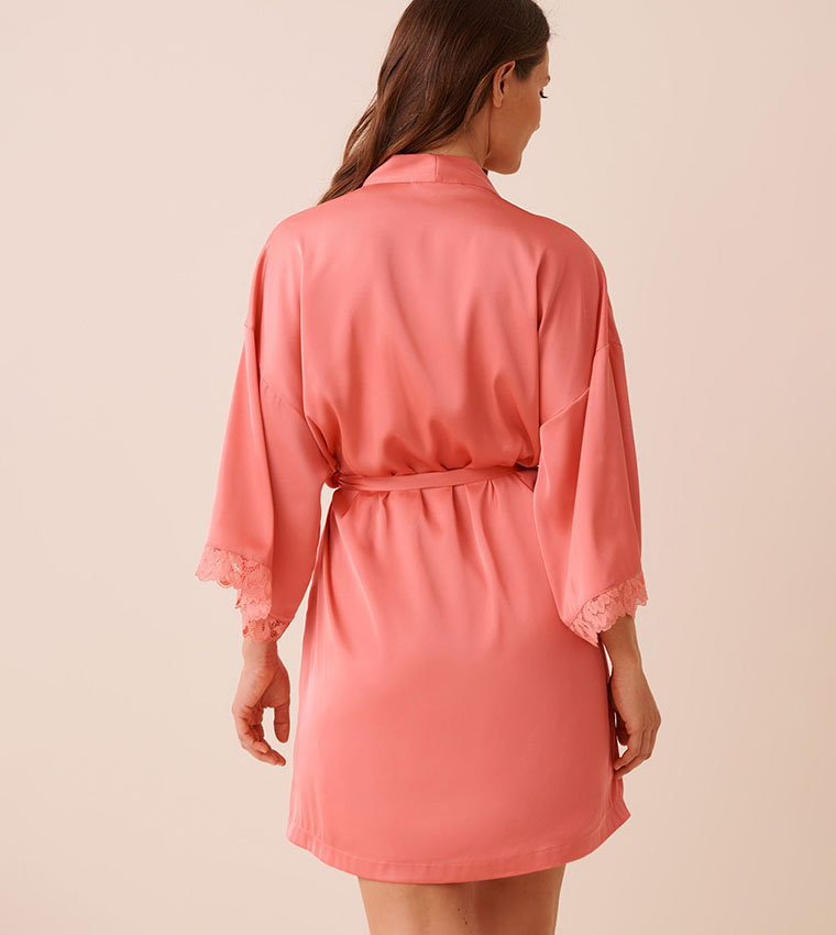 Lace Trim Satin Sleep Kimono