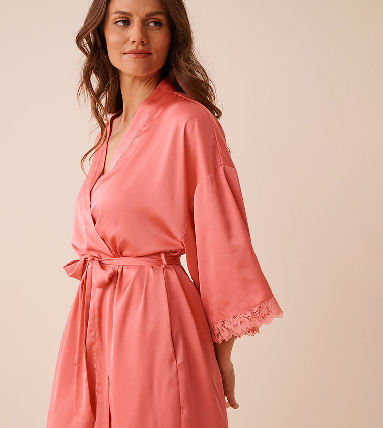 Lace Trim Satin Sleep Kimono