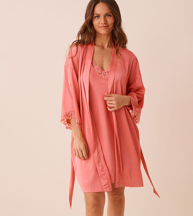 Lace Trim Satin Sleep Kimono