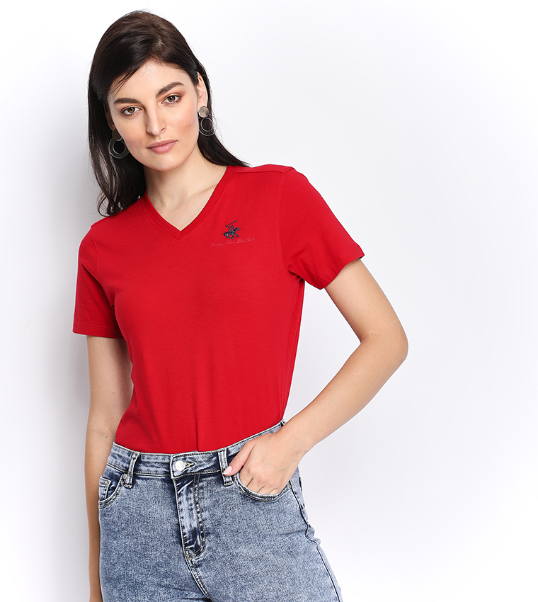 Logo Embroidered V-Neck T-Shirt - Red BP L1367