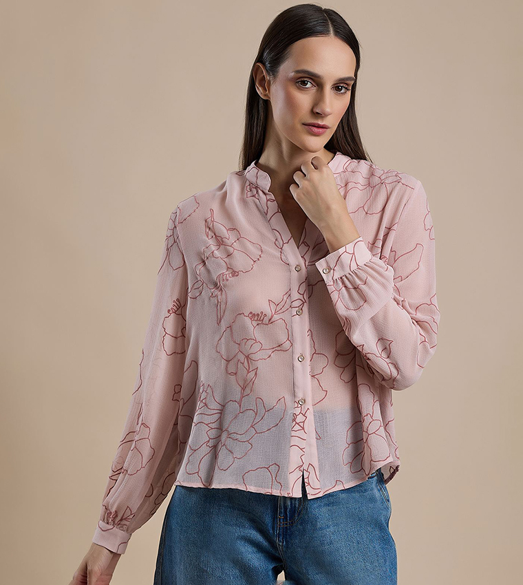Printed Shirt with Stand Collar and Long Sleeves