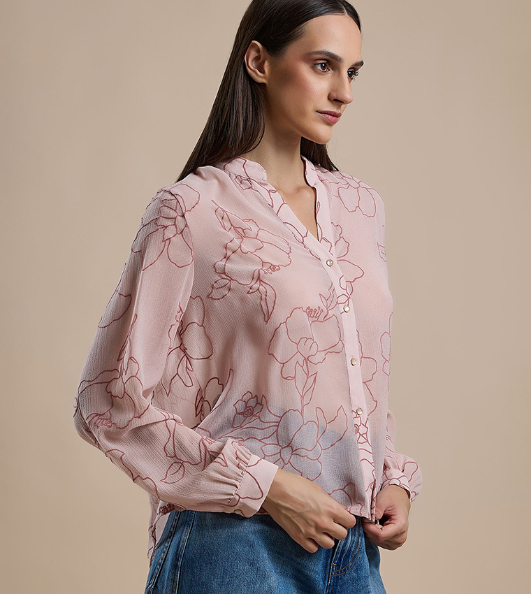 Printed Shirt with Stand Collar and Long Sleeves