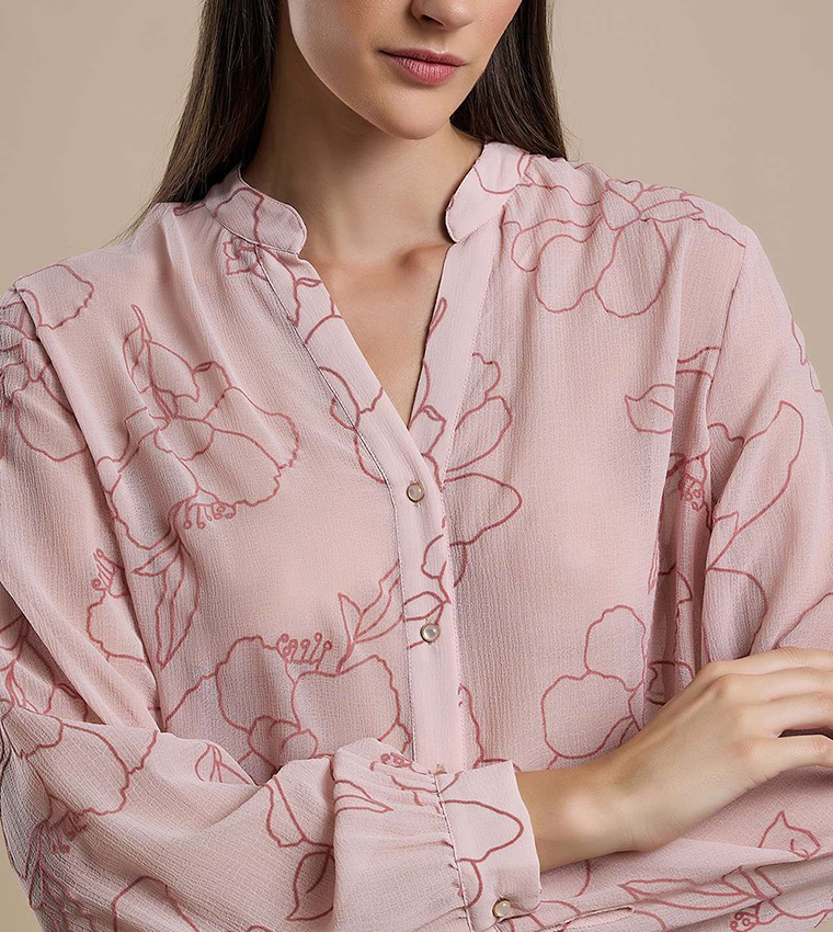 Printed Shirt with Stand Collar and Long Sleeves