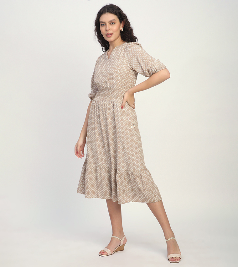 All Over Print Short Sleeves Midi Dress