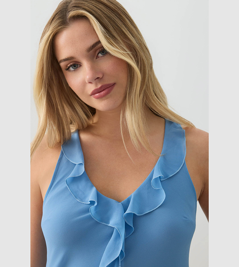 Solid Ruffle Trim V-Neck Mini Dress
