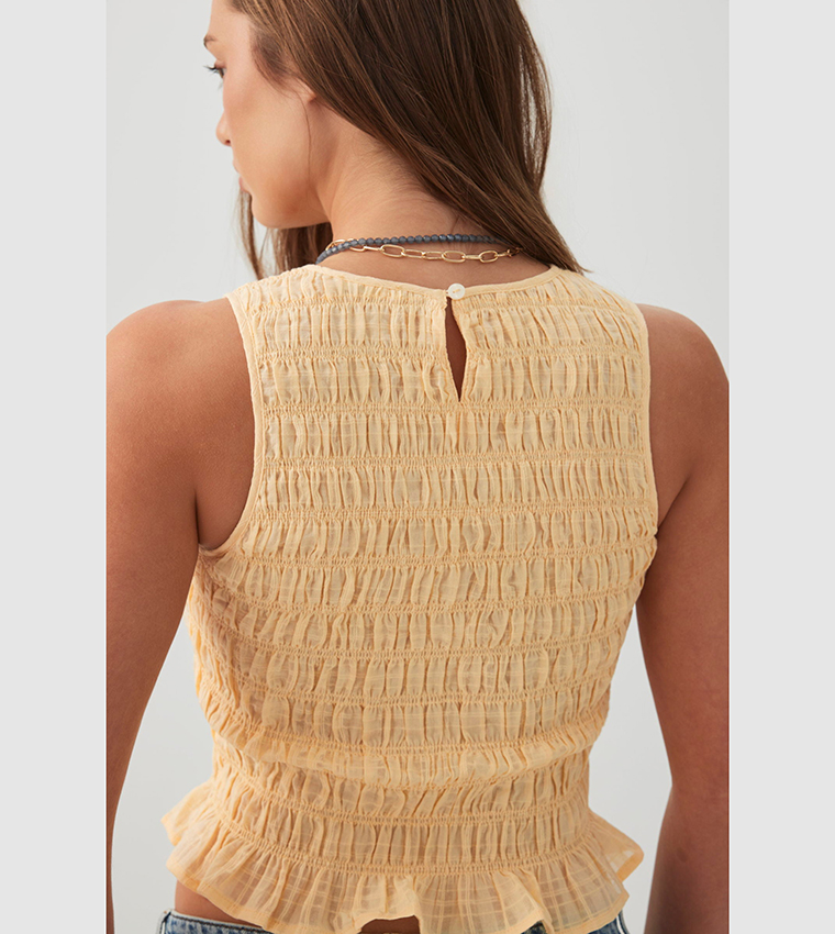 Textured Crew Neck Smocked Crop Top
