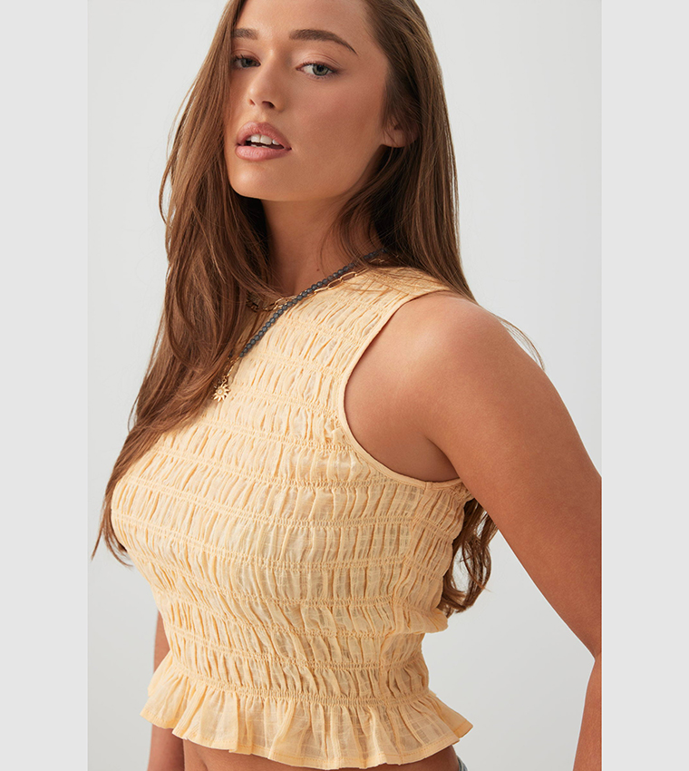 Textured Crew Neck Smocked Crop Top
