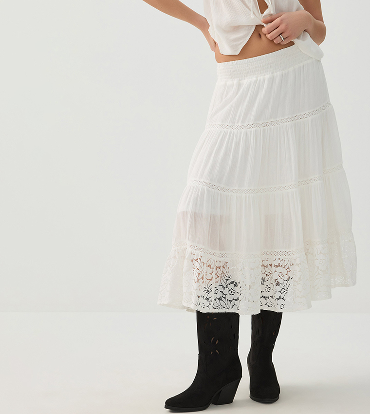 Lace Detail Tiered Midi Skirt