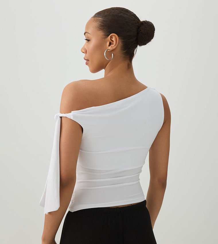 Solid Off Shoulder Tie Detail Top
