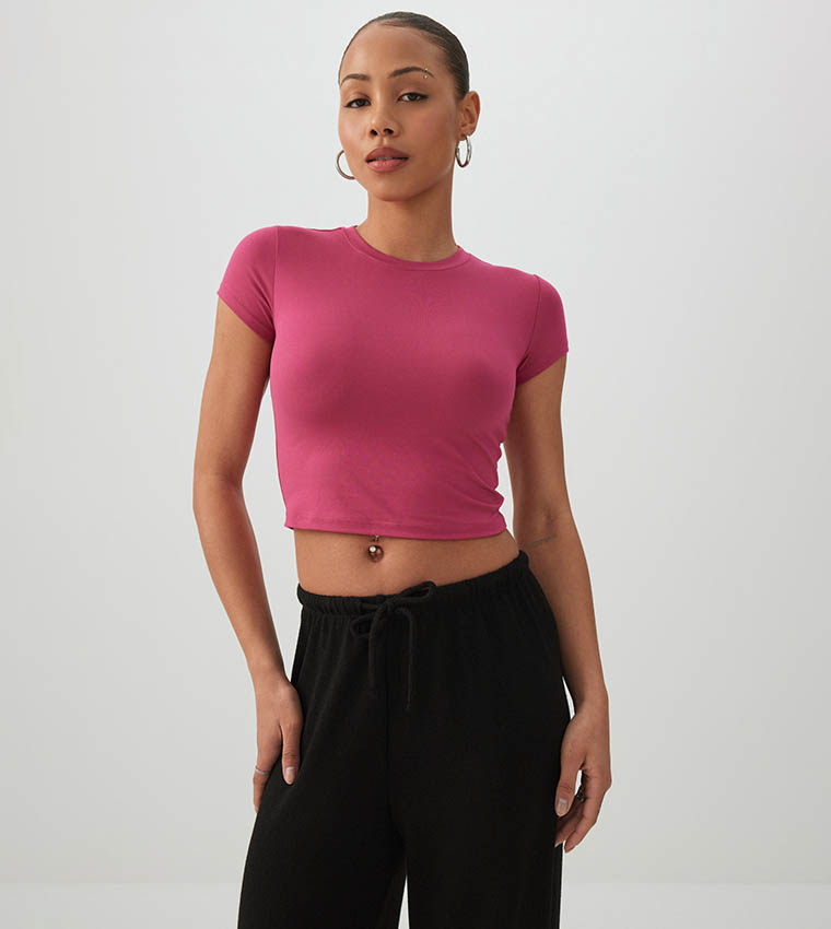Solid Crew Neck Crop T-Shirt