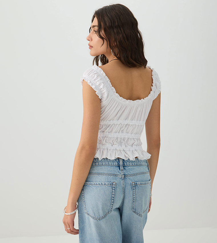 Solid Off Shoulder Ruffle Hem Cropped Top