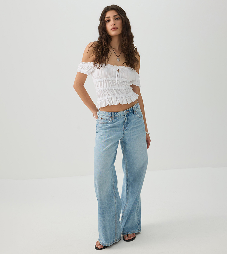 Solid Off Shoulder Ruffle Hem Cropped Top