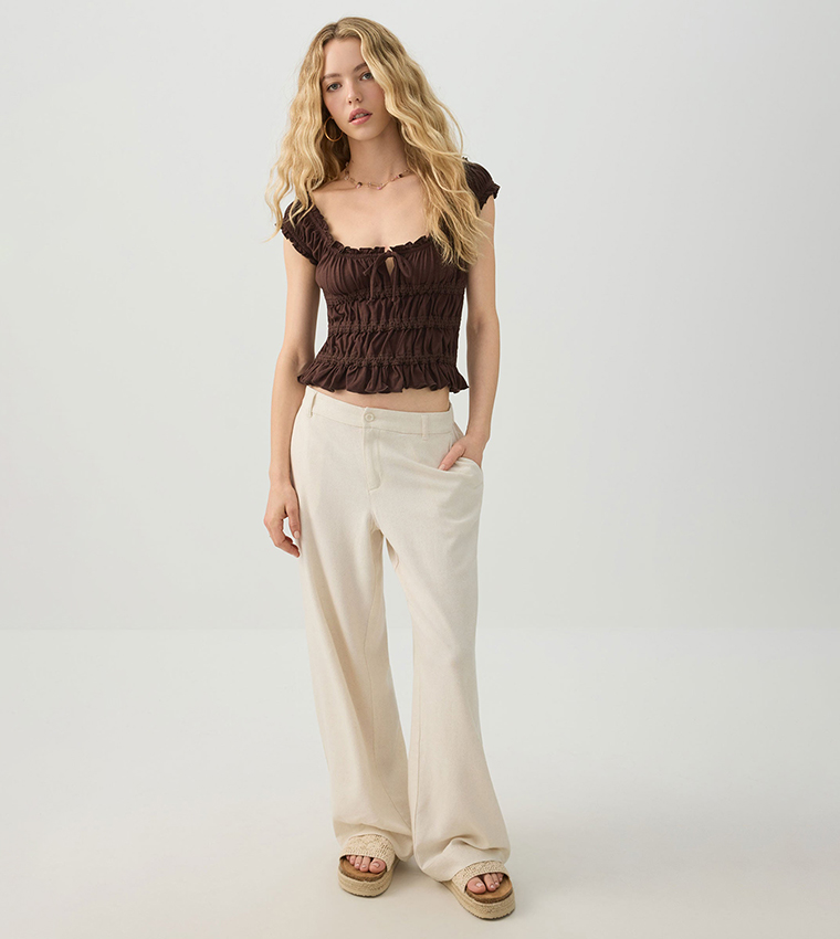 Linen Blend Wide Leg Tailored Pants