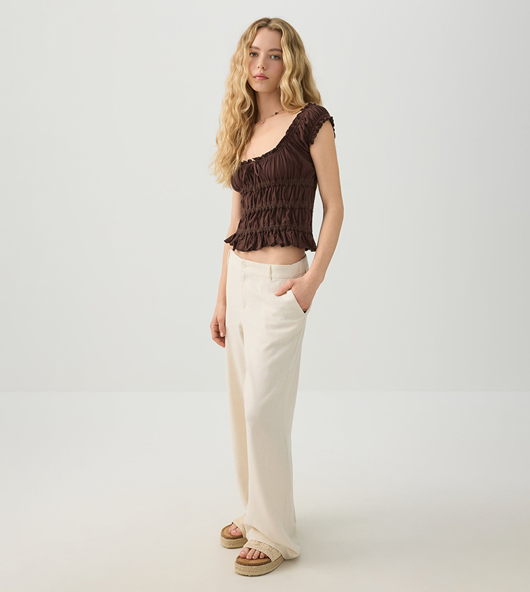 Linen Blend Wide Leg Tailored Pants