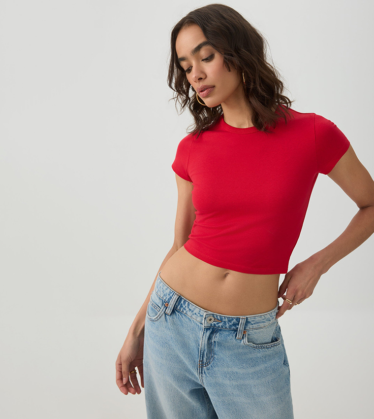 Solid Crew Neck Crop T-Shirt