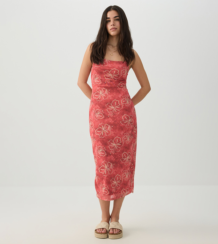 Floral Print Mesh Midi Dress