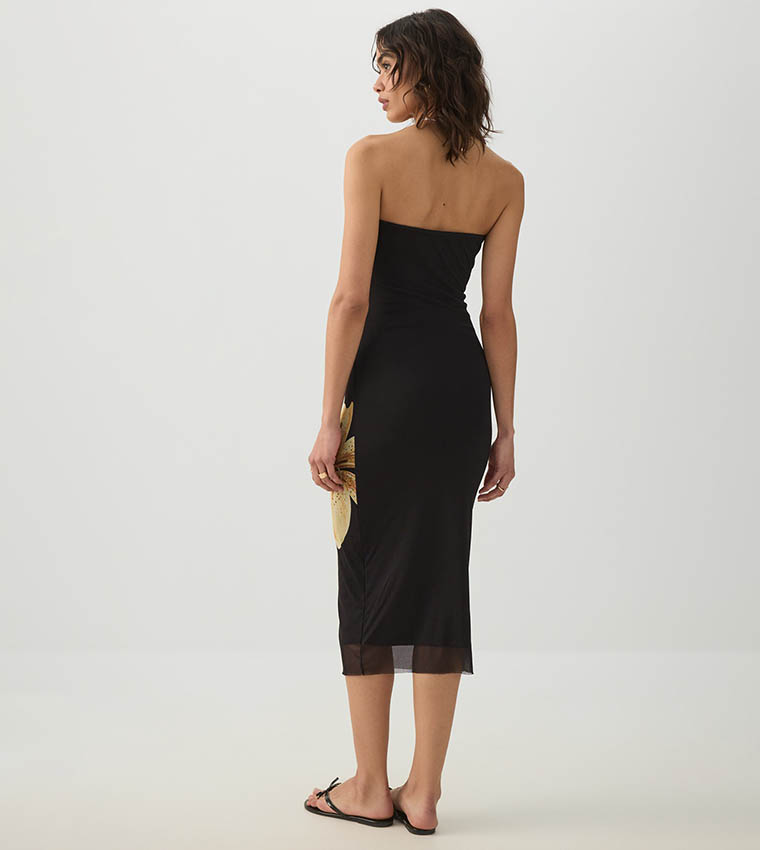 Patterned Mesh Strapless Midi Dress