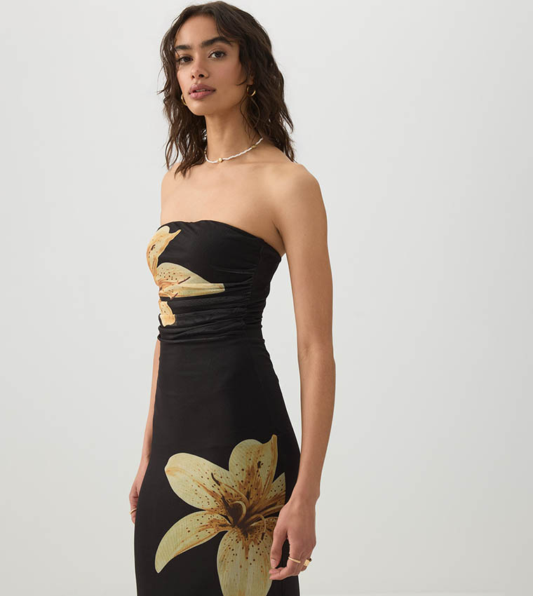 Patterned Mesh Strapless Midi Dress