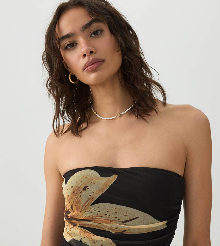 Patterned Mesh Strapless Midi Dress