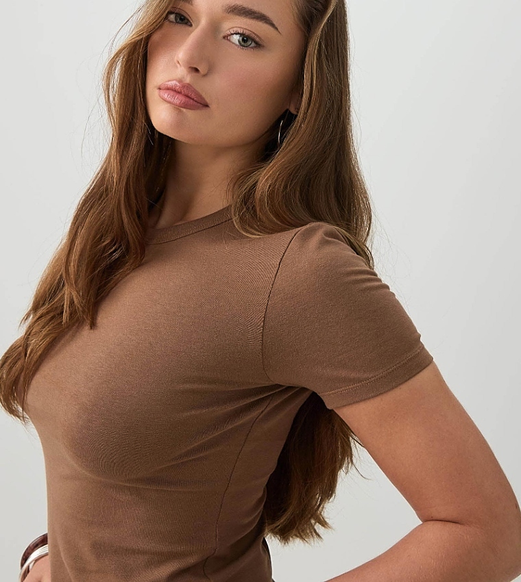 Ardene  Short Sleeve T-Shirts - Brown Short Sleeve T-Shirts