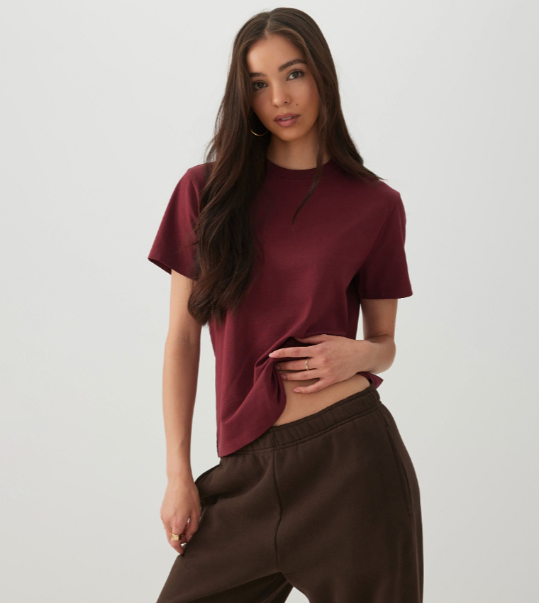 Ardene  Short Sleeve T-Shirts - Burgundy Short Sleeve T-Shirts
