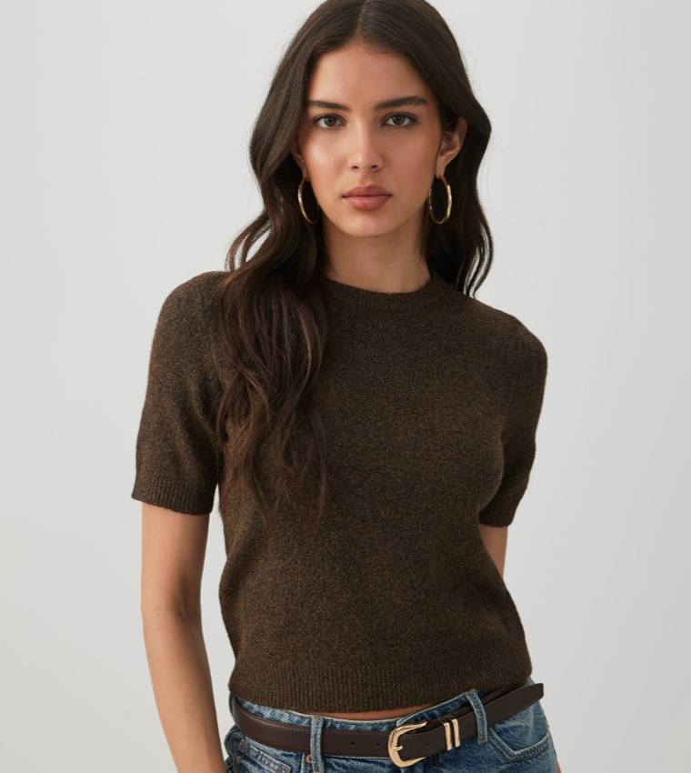 Solid Crew Neck Cropped Sweater