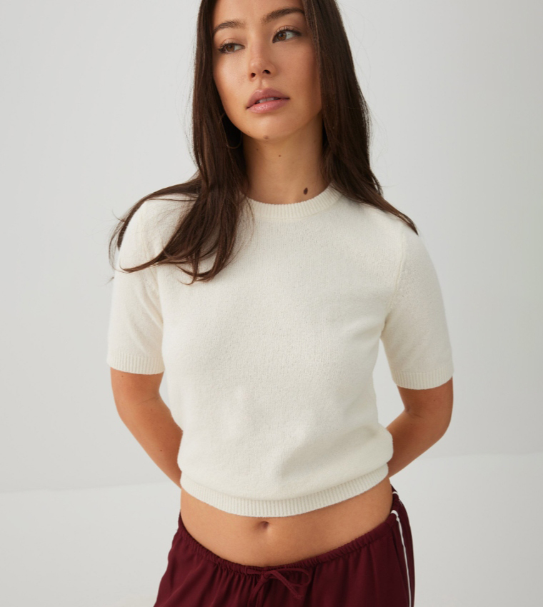 Solid Crew Neck Cropped Sweater
