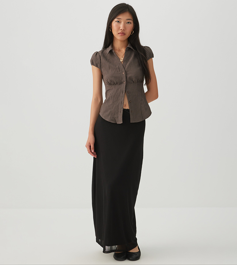 Solid Elastic Waist Mesh Maxi Skirt