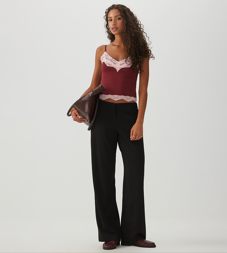 Solid Mid Rise Wide Leg Trousers