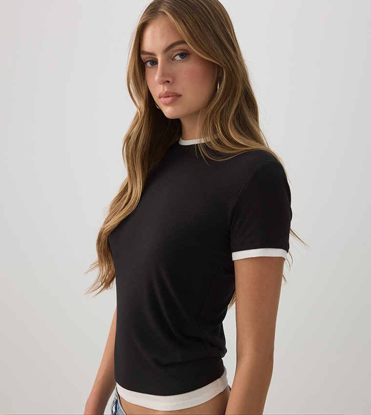 Ribbed Crew Neck Layered Look Top