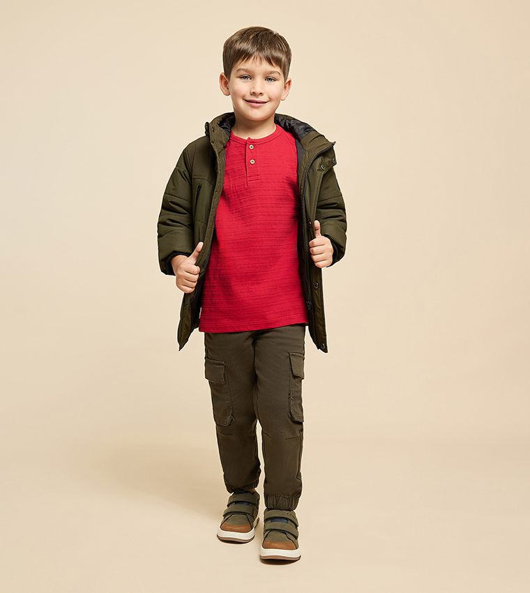 Textured T-Shirt with Henley Neck and Short Sleeves